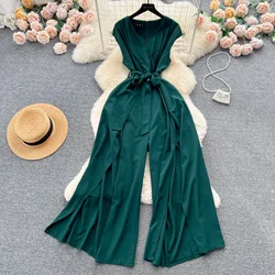 Summer Vintgae Women Wide Leg Jumpsuit Female Elegant V-Nevck Sleeveless High Waist Slim Casual Bandage Romper New Fashion