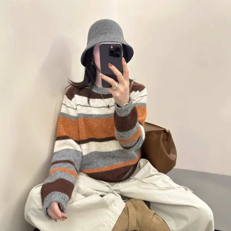 

Women Vintage Striped Pullovers Knitted Sweater O Neck Long Sleeve Autumn Winter Jumper Knitwear Casual Loose Female Harajuku