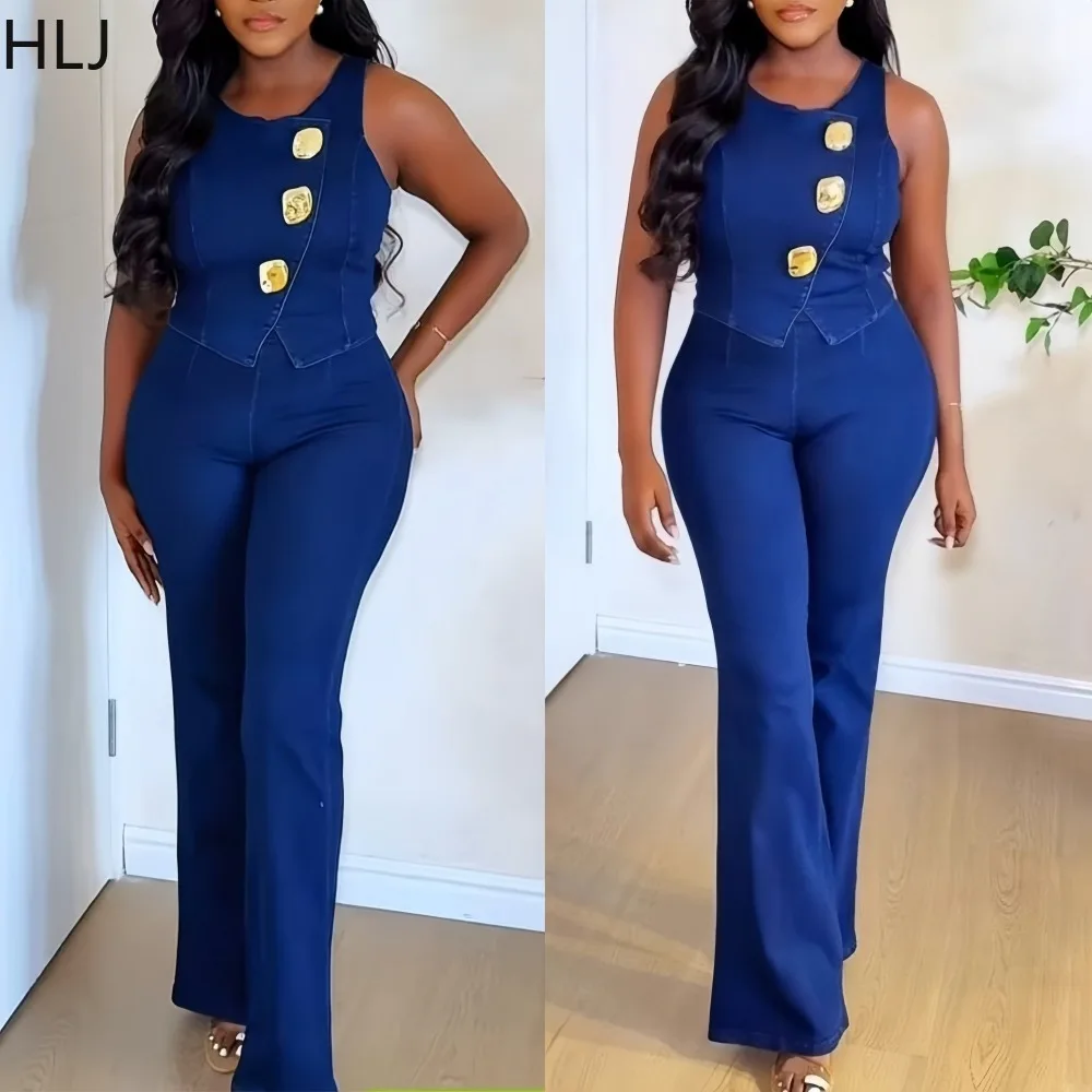 

HLJ Fashion Denim 2 Pieces Set for Woman Metal Decoration Sleeveless Crop Jacket and Pants Matching Suits Female Streetwear New