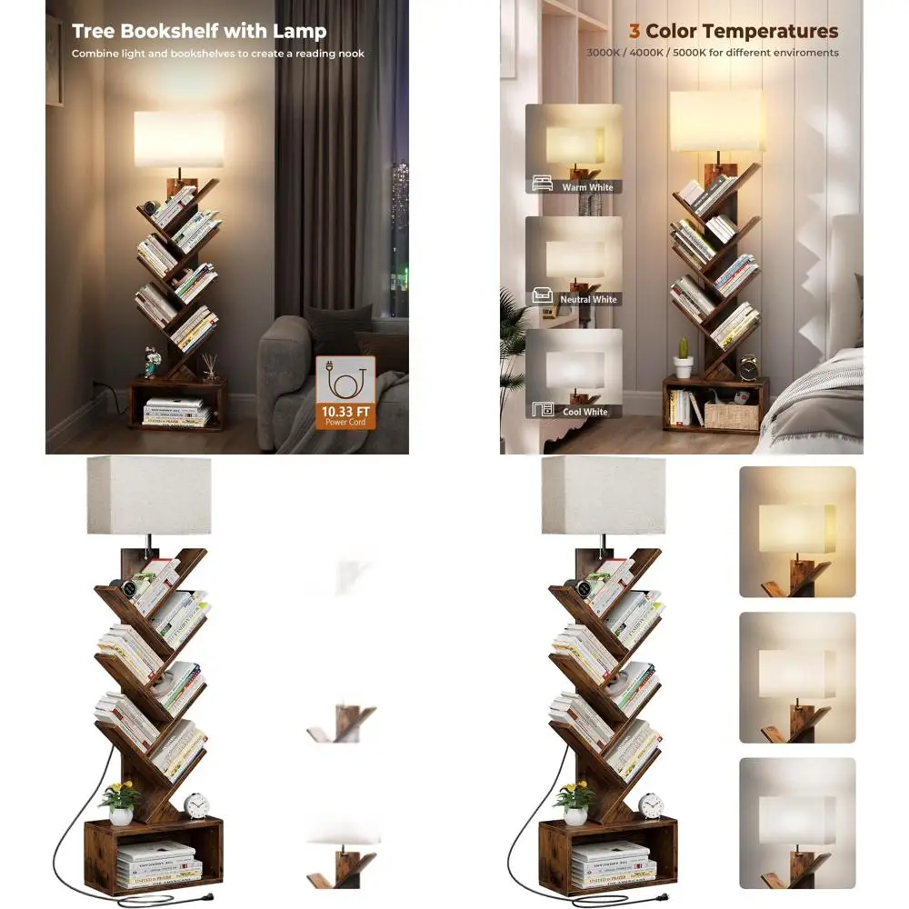 Rustic Brown 6-Tier Tall Bookshelf with Storage Cabinet, Floor Standing Lighted Bookcase for Home Office and Living Spaces