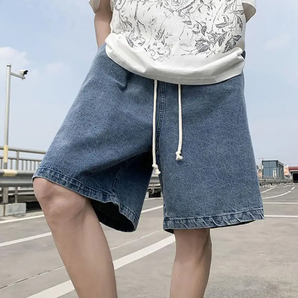 Men Denim Shorts Elastic Waistband Adjustable Drawstring Casual Shorts Loose Fit Wide Leg Thin Washed Shorts