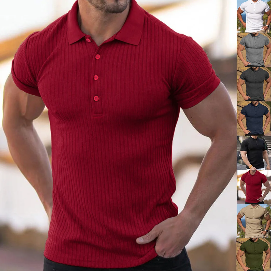 

Summer New Sports Fitness Casual Elastic Vertical Striped Short Sleeve Shirt Men's