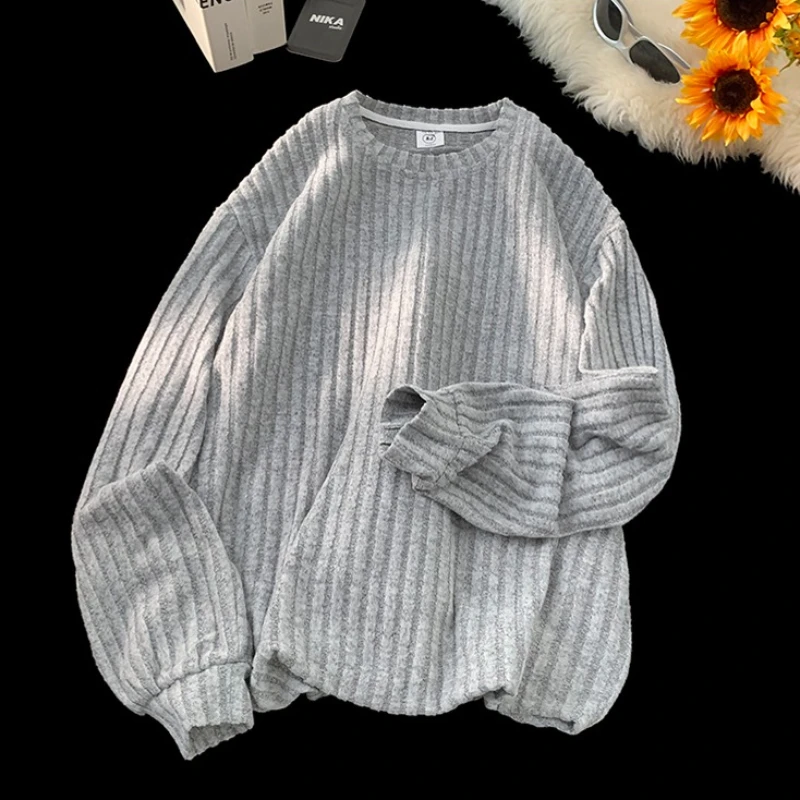 

Brushed Sweatshirt Raw Edge Striped Sweatshirt Men's Loose Lazy Long Sleeve T-Shirt Casual Inner Long-sleeved Bottom Shirt