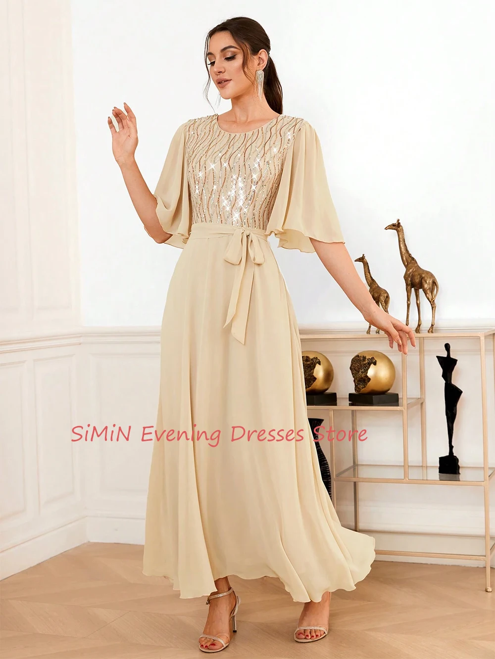 Simin Saudi O-Neck Sequins Simple Chiffon Ruffle Half sleeves Ankle-Length Arabia Sexy Evening Birthday Club Outfits Summer 2024