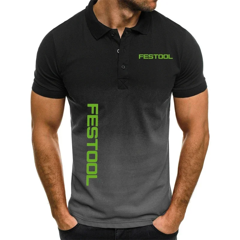 Festool Tools 2024 Men's T-shirt New Summer Hight Quality gradient Polos T-Shirt Short Sleeves Fashion Casual Lapel Tees