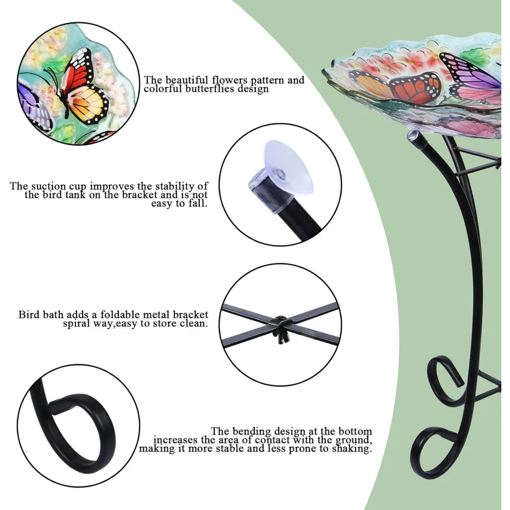 Banho de pássaros de vidro com suporte de metal para decoração de jardim, alimentador externo com design de borboleta