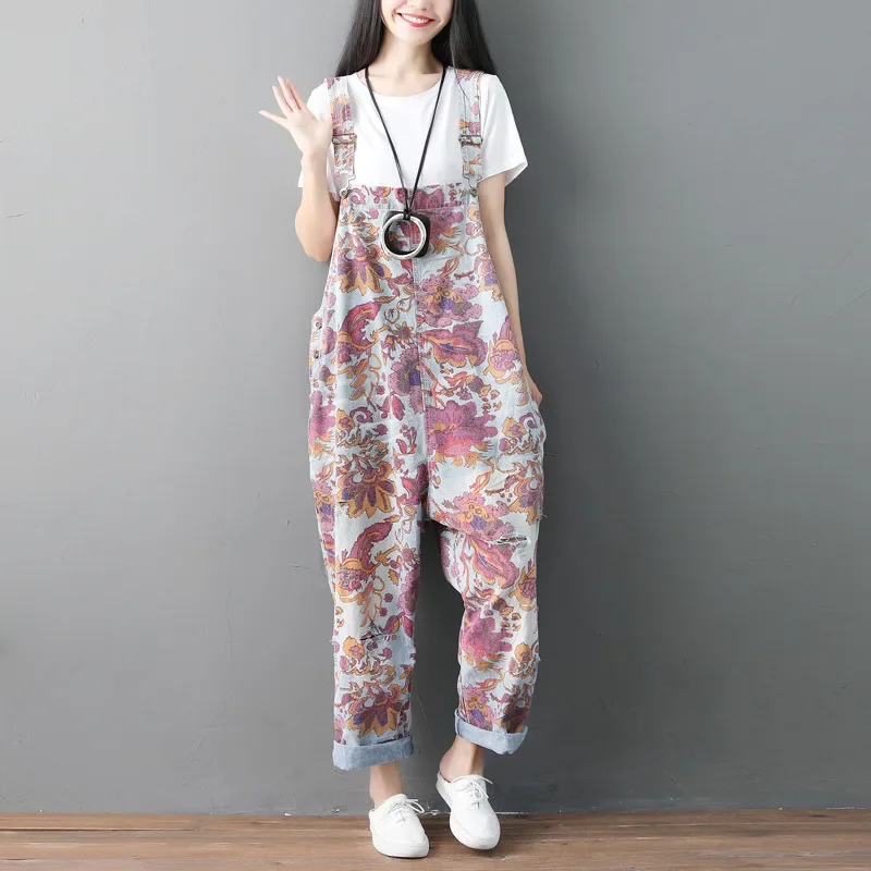 

Womens Long Jumpsuits Female Loose Sleeveless Summer #1403 Printed Jumpsuits For Women Vintage Overall Wide Leg Washed Rompers