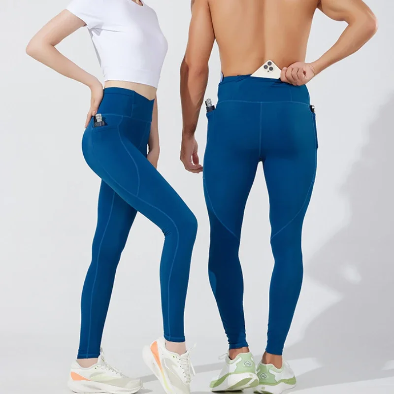 Męskie damskie spodnie kompresyjne do biegania maratonu szybkoschnące rajstopy legginsy sportowe Fitness męska torba na pas biodrowy kieszeń boczna