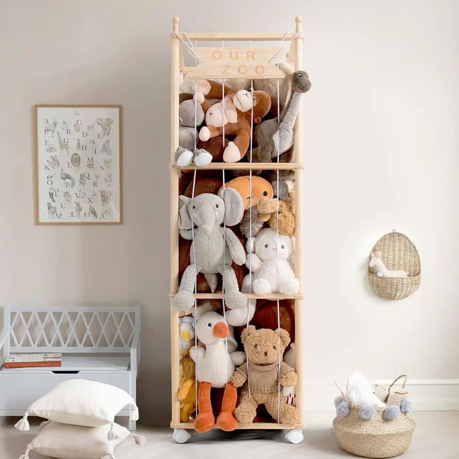 

Large Wooden Stuffed Animal Storage Organizer, 54-Inch Toy Cage for Nursery Playroom Bedroom