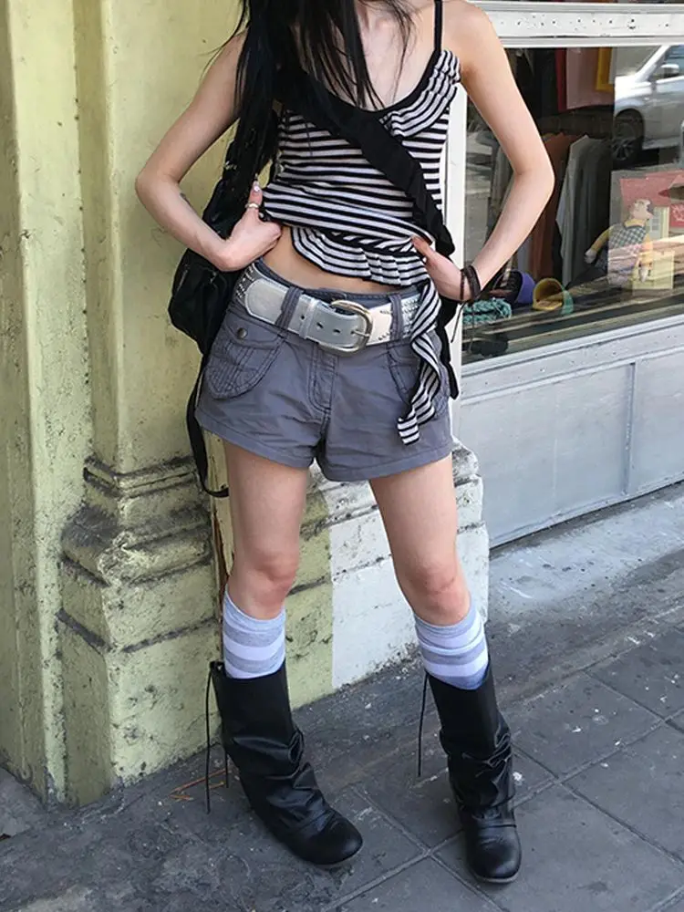 Deeptown Y2k Vintage Cargo Shorts Women High Waist Pockets American Style Short Pants Baggy 2000s Aesthetic Gyaru Streetwear