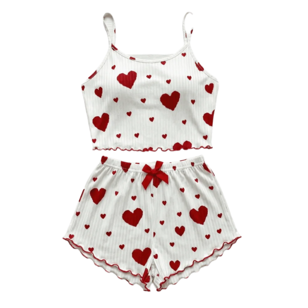 

Fashion Love Heart Women's Pajamas Set Homewear Summer Two Piece Nightwear Bow Cami Shorts Pajamas Women