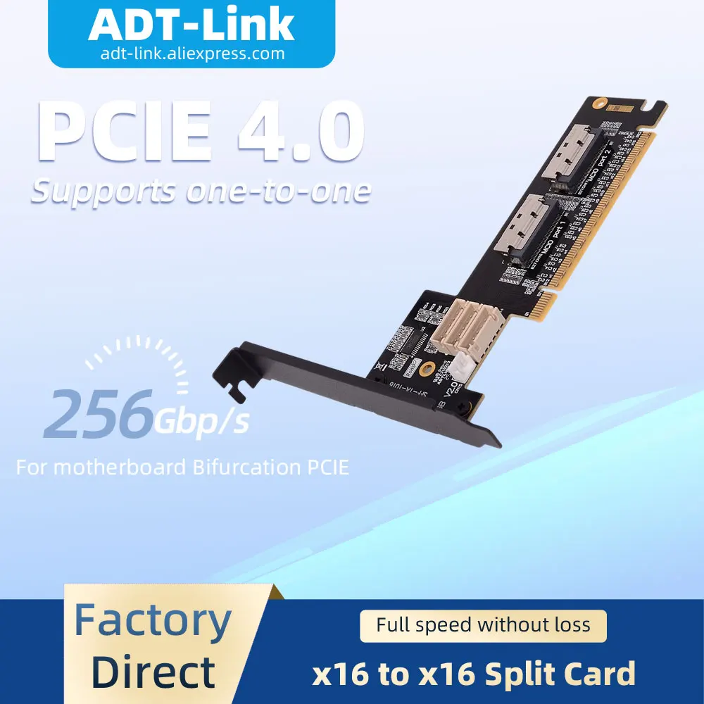 

Видеокарта ADT-Link PCIe 4.0 x16 MCIO Разделенный кабель Поддержка раздвоенного кабеля x8 GEN4 Dual (сплит на x8x8) Карта адаптера для раздвоенной обработки