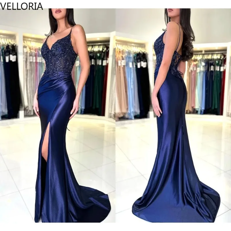 

New Royal Blue Split Evening Dresses Sexy Mermaid Spaghetti Straps Appliques Sequins Women Prom Party Gowns Criss Cross Backless