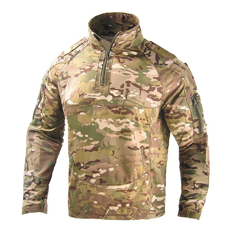 Hiking Combat Training Tops Mens Russian Camouflage Tactical Half Zip Pullover Durable Waterproof Stand Collar Hunting Shirt