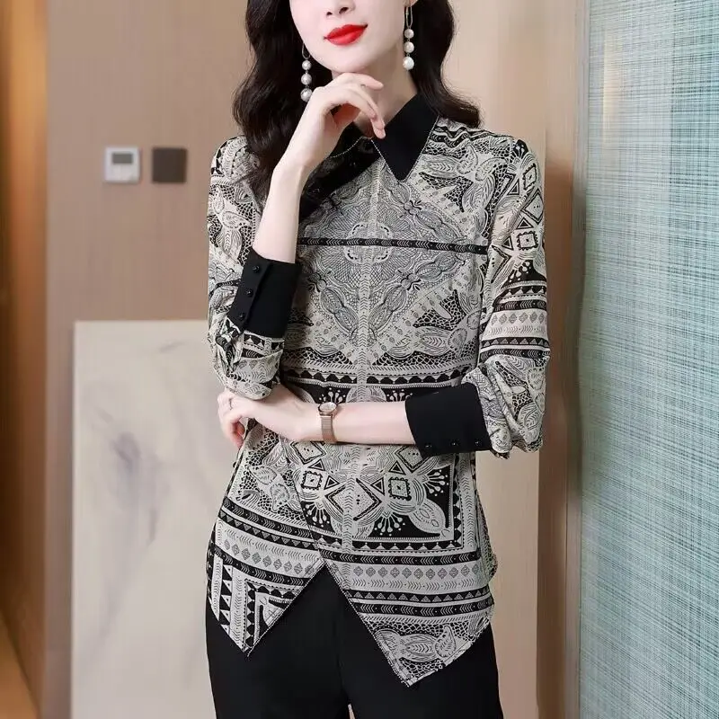 Vintage Printed Lapel Button Asymmetrical Blouses Women's Clothing 2023 Autumn Winter Loose Korean Pullovers Irregular Shirts