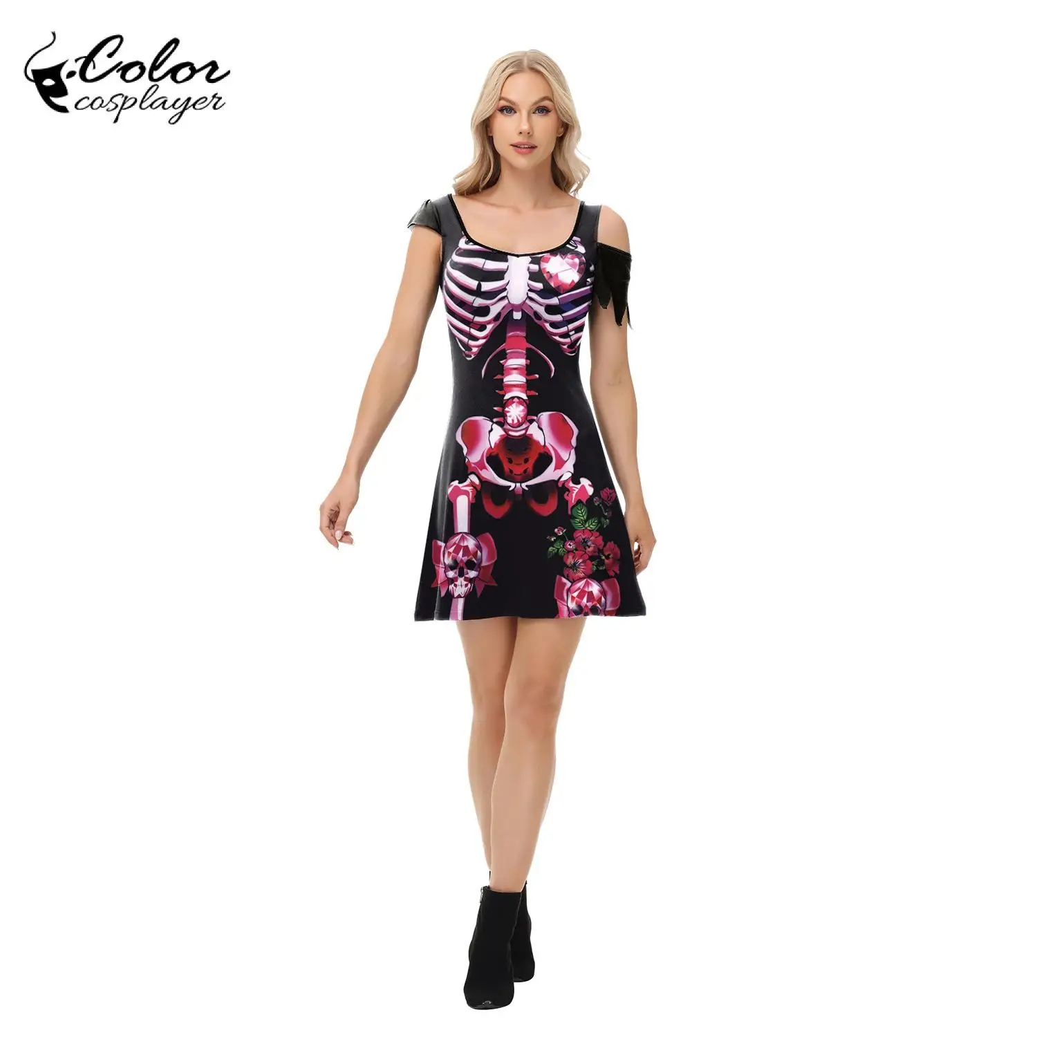 Color Cosplayer Romantic Skeleton Gown Halloween Cospaly Costume Day of The Dead Robe Pink Skull Dress Carnival Party Outfit view 3