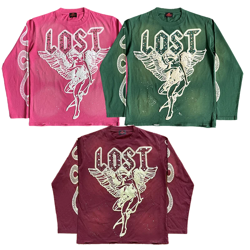 

Retro Waed Long Sve Angel And Devil Print Diamond Embedded Pure Cotton T-irt Breathable Youthful Stand Fit round Ne