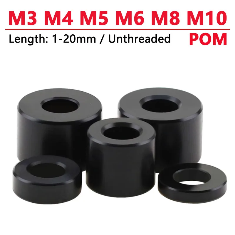 M3 M4 M5 M6 M8 M10 Black POM Bushing Washer Round Hollow Unthread Standoff Spacer Sleeve Insulated Plastic Gasket Length 1-20mm