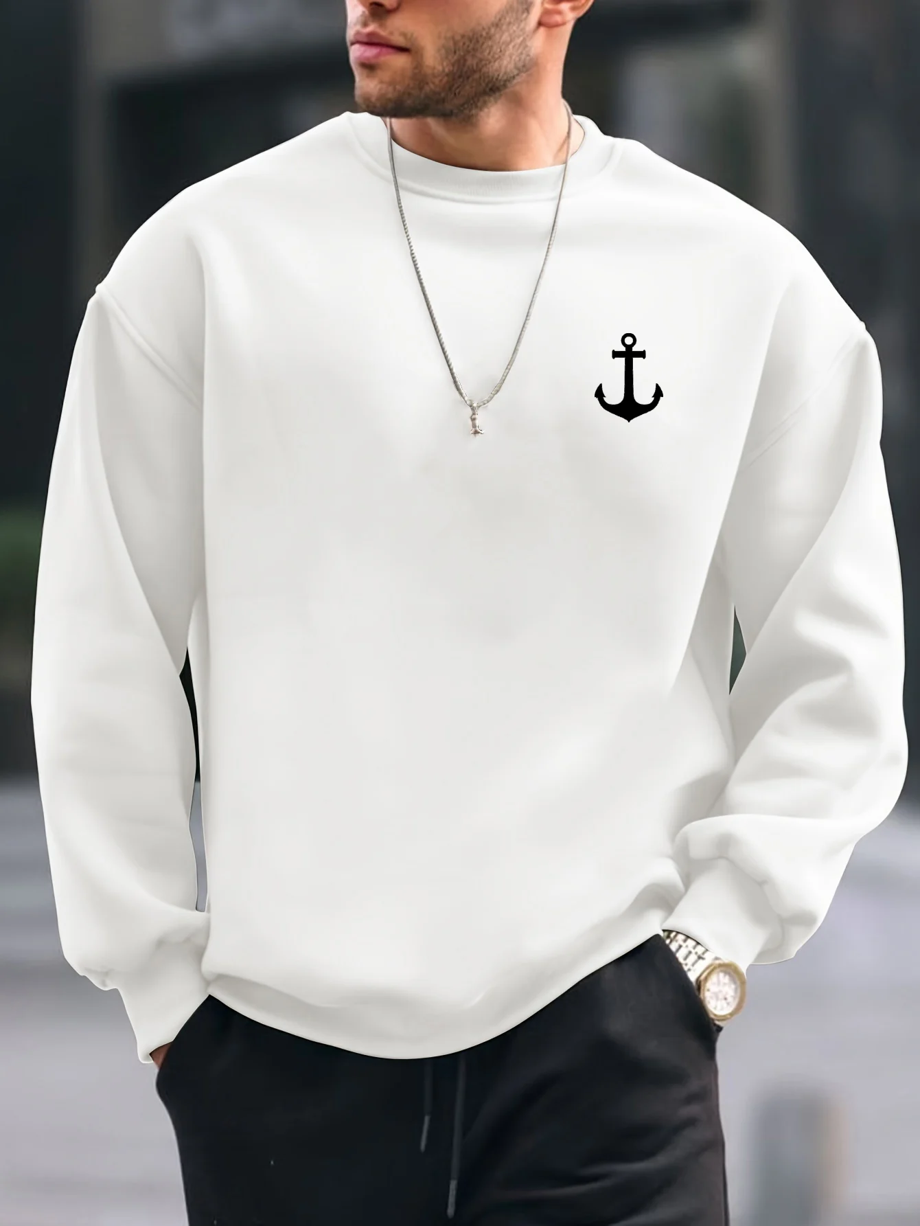 Men's autumn and winter casual fashion loose boat anchor pattern printed fleece pullover long sleeved round neck sweatshirt