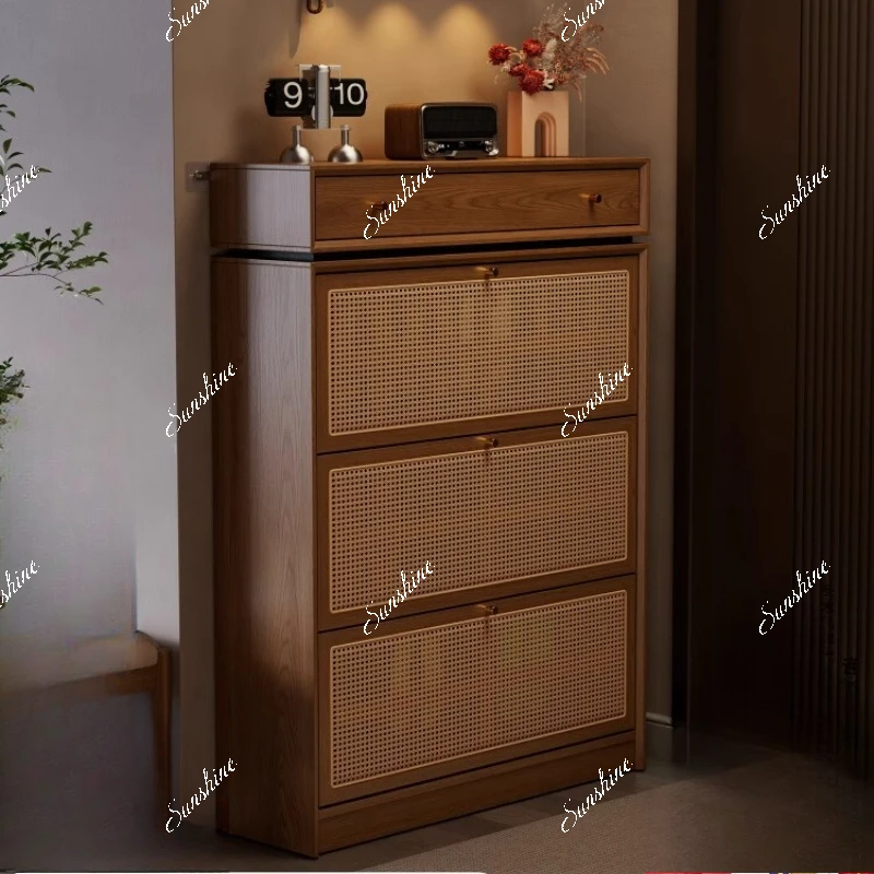Ultra-thin tipping bucket rattan solid wood home door indoor creative shoe rack