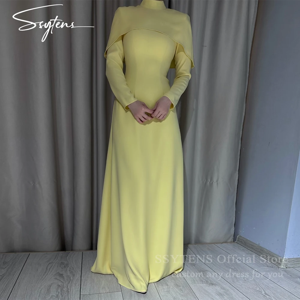 

SSYTENS Yellow Saudi Prom Dresses Mermaid Cape Evening Dresses Customized Occasion Long Sleeves Women Floor Party Gowns Vestidos