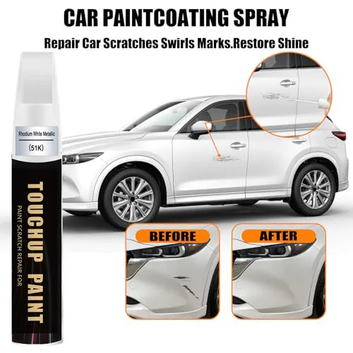 Car Touch Up Paint(Rhodium White Metallic(51K)) for Mazda Car Paint Scratch Repair Kit, Quick & Easy Solution to Repair
