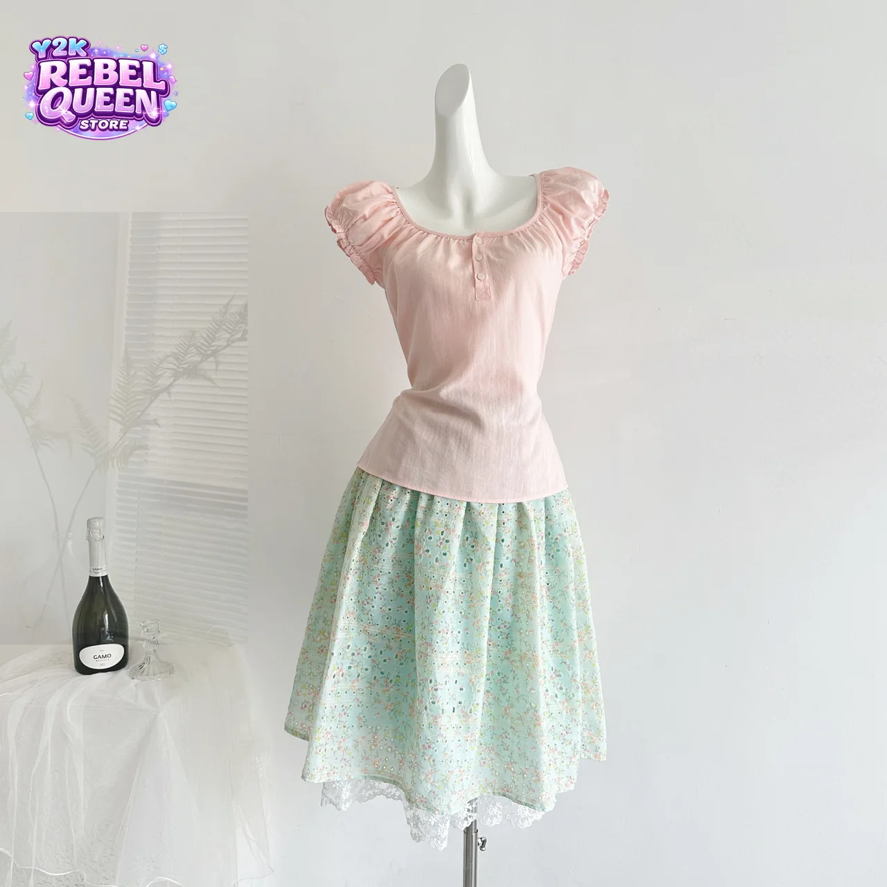 

Korean Sweet Linen 2 Piece Set Women Slim Ruffle Sleeve Square Neck Top + Floral Lace Trim Midi Skirt Summer Casual Outfit