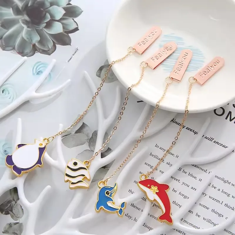 4PCS Cute Ocean Animal Metal Chain Bookmark Set Dolphin Penguin Fish Pendant Page Marker for Book Lovers Students
