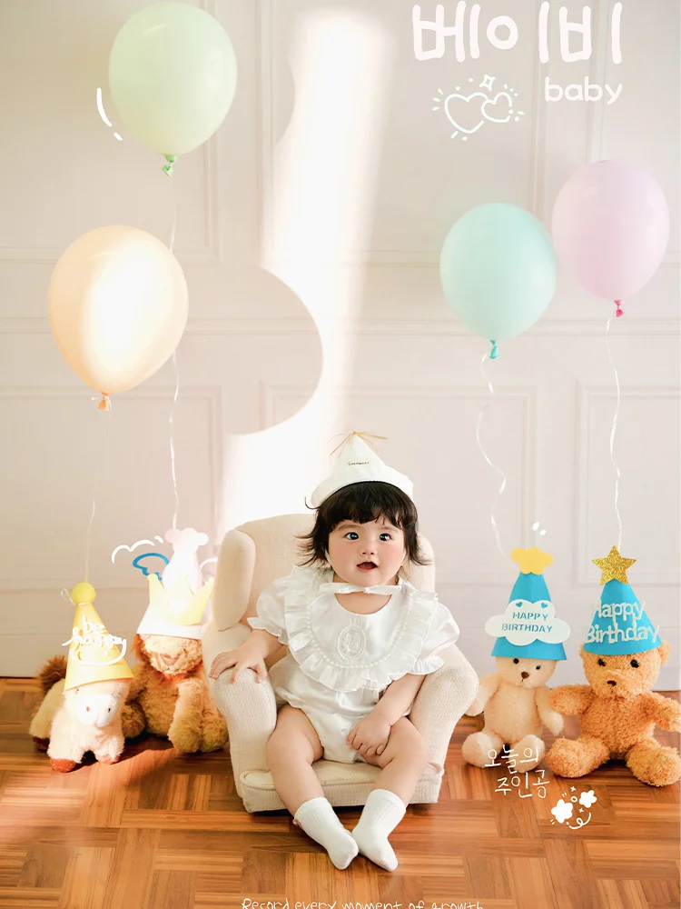 Korean Style 1st Birthday Baby Photography Props Kit Photo Outfit Soft Plush Animal Props Decor Balloon Studio Shooting Supplies