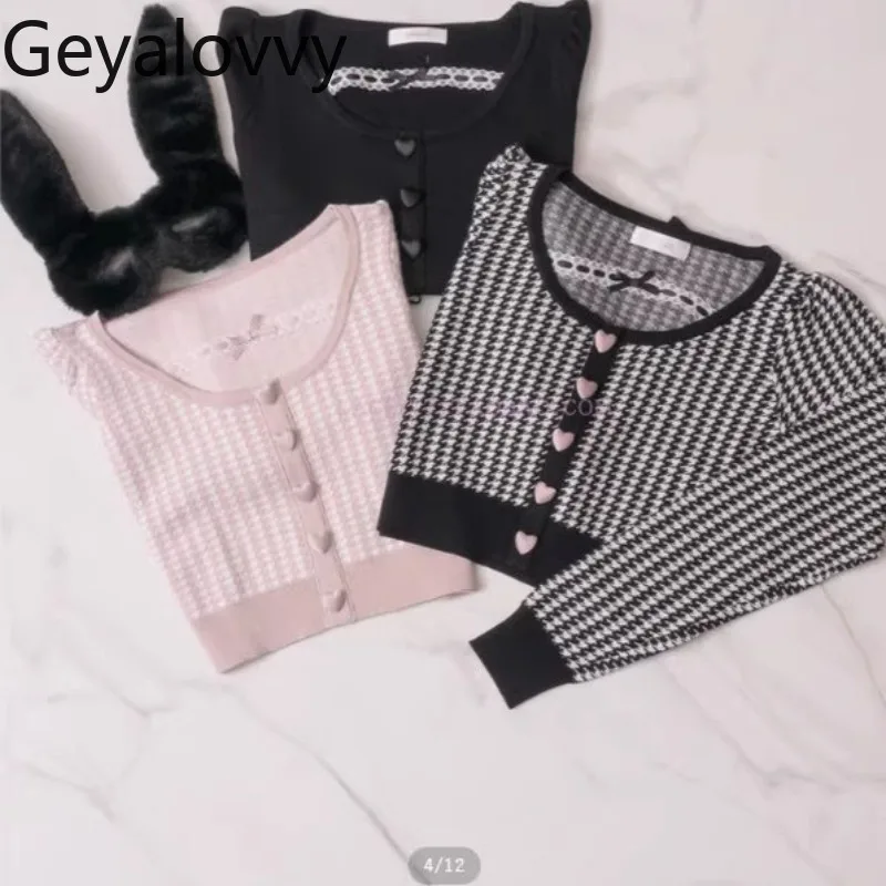 

Autumn New Sweet Girls Versatile Long Sleeve Pullover Japanese Style Lace Velvet Heart Button Houndstooth Short Knitted Top