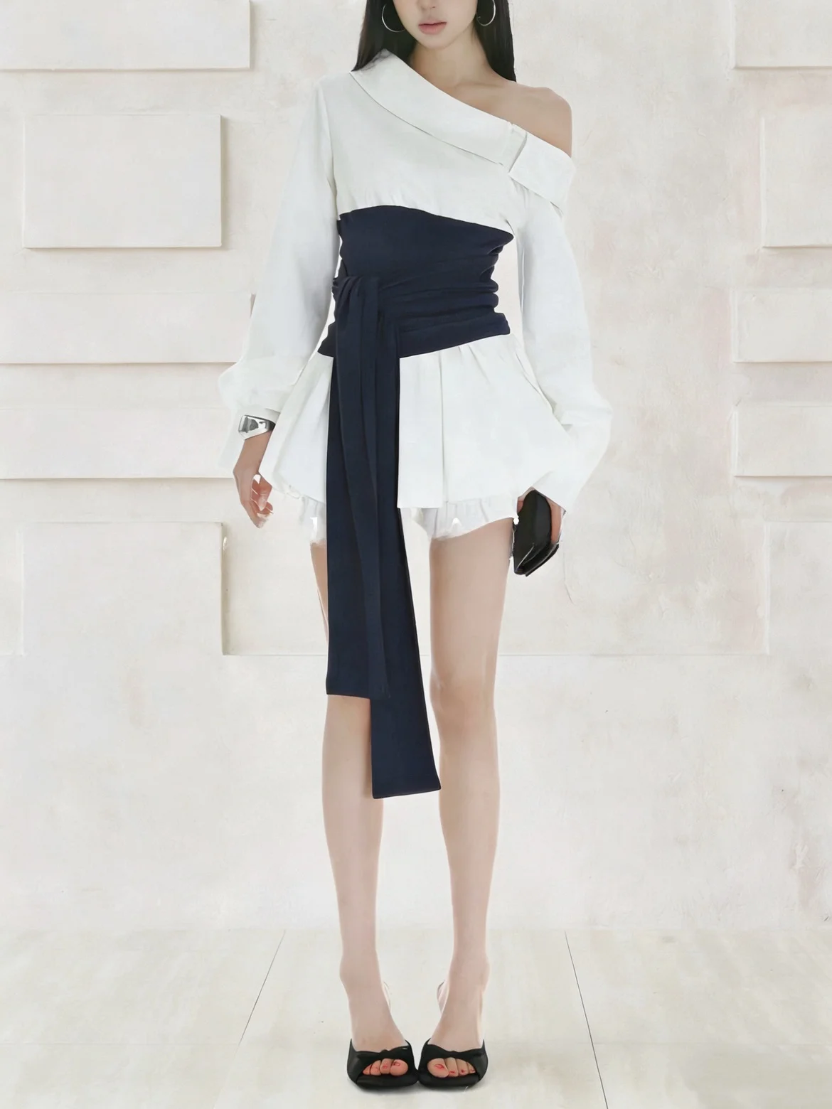 

Slimming Belted Shirt And Top Set with Side Shoulder Design Versatile Chic Summer Outfit for Women in Their 20s Elegant Style