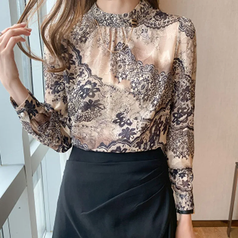 Fashion Stand Collar Women Blouse Print Long Sleeve Chiffon Blouse Shirt Women Tops Camisas Blusa Blusas Camisas De Mujer F701