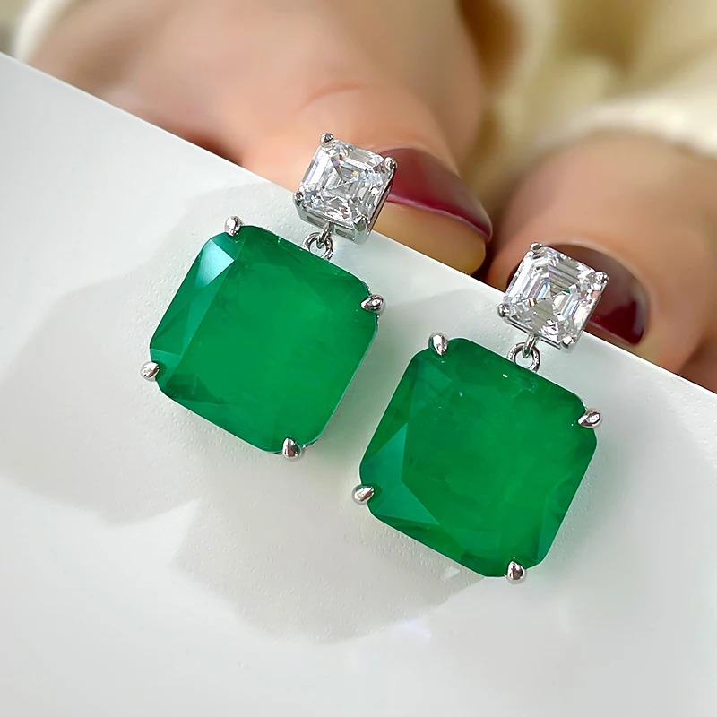New S925 Tremella Jewelry Female Emerald Earrings Temperament 15*15 Earrings Jewelry Accessories