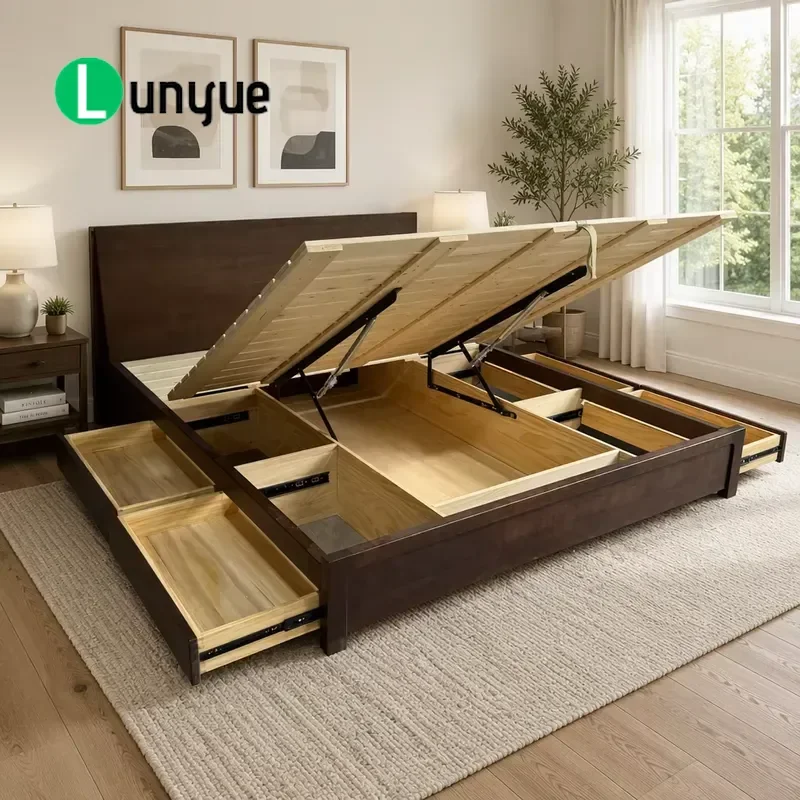 Modern Solid Wood Bedroom Furniture Lift Storage Bed with Drawers Queen King Size Factory Wholesale Durable Home Decor