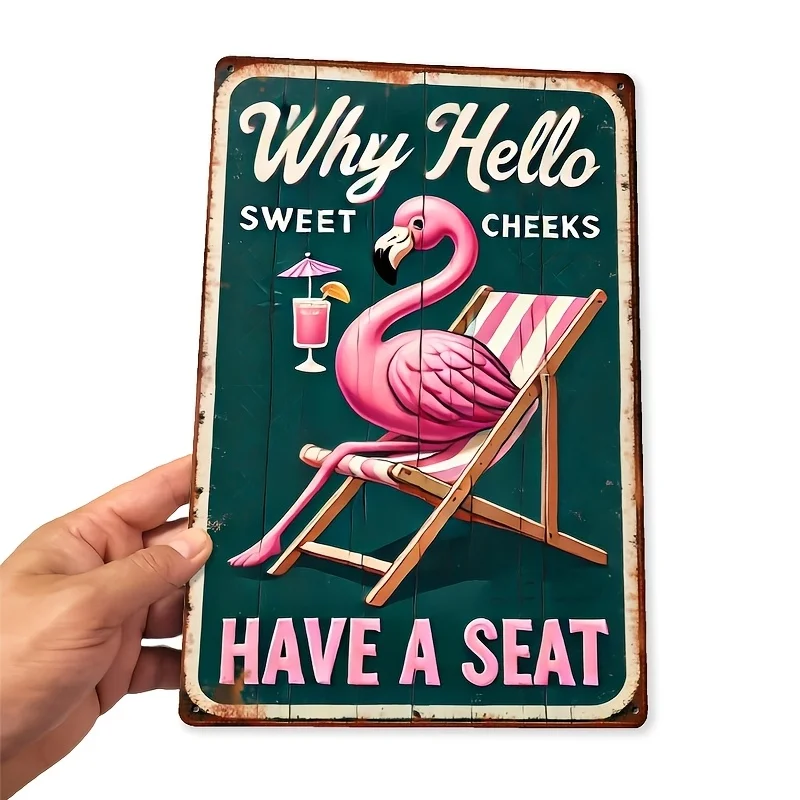 Vintage Flamingo Beach Scene Metal Sign - , Rustic Wall Art with Pink Flamingo, Lounge Chair, and Refreshment Design, Perfect fo