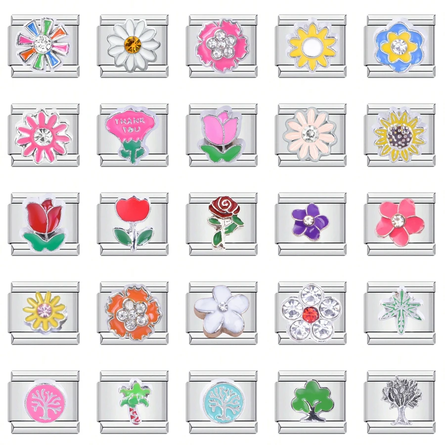 1PC DIY Stainless Steel Italian Charm Links Fit For 9mm Bracelets Women Men Jewelry Making Accessories Rose Flowers Tree Cactus
