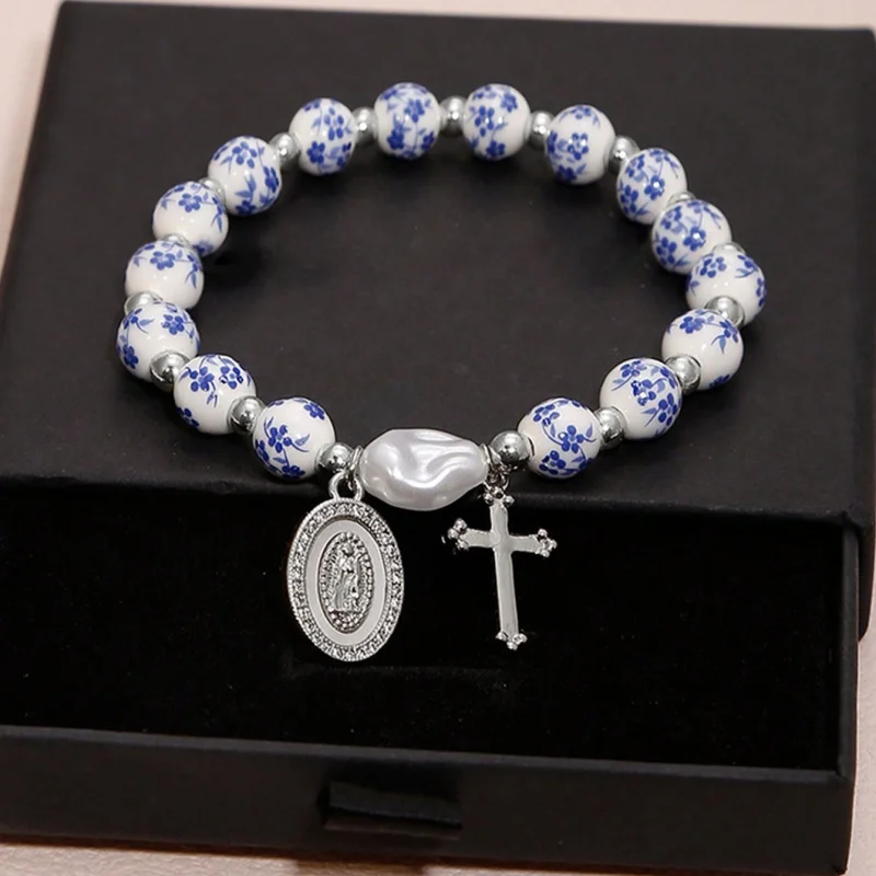 1 قطعة خمر الصليب مريم العذراء شخصية الاسلوب المناسب تقليد اللؤلؤ السيراميك معدن متعدد الألوان المرأة سوار مُزين بالخرز