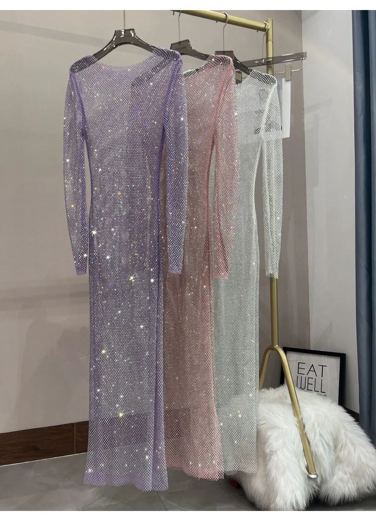 Summer European and American High-end Long Dress Concert Seaside Vacation Shiny Net Diamond All-match Dress Party Banquet