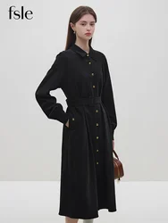 FSLE Corduroy Dress Women's Autumn Winter 2023 New French Vintage Shirt Dress For Women Black High Waist Dress Casual Loose