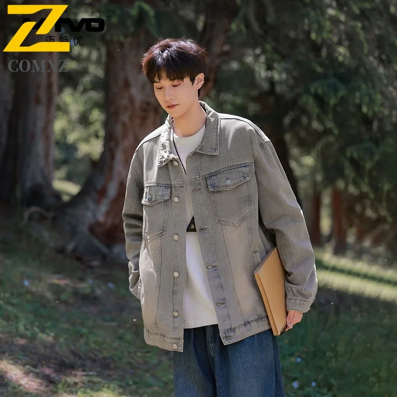 COMXZ Men Denim Jacket Retro Stylish Travel Camping Trendy Outdoor Daily Walking Biker Jacket Comfortable Hiking Fishing Coat