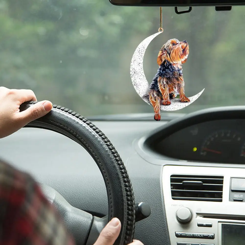 Car Rearview Mirror Pendant Dog Pendant Sitting On The Moon Cute Teddy Puppy Hanging Ornament Keychain Pendant Christmas Decor