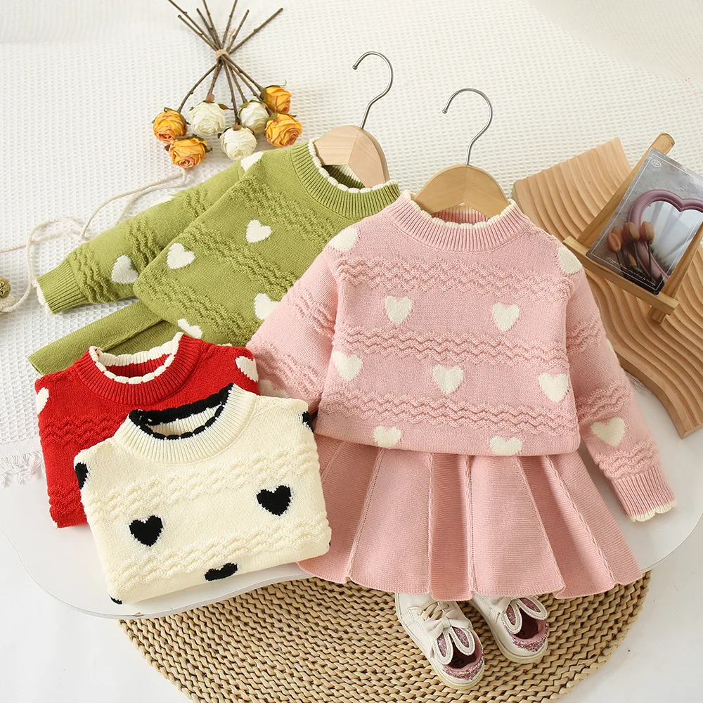 Girls' Two-piece Sweater Set Full of Love Wave Pattern Sweater+Knit Pleated Skirt Kids Clothes Girls Sweater  Girl Cardigan Kids