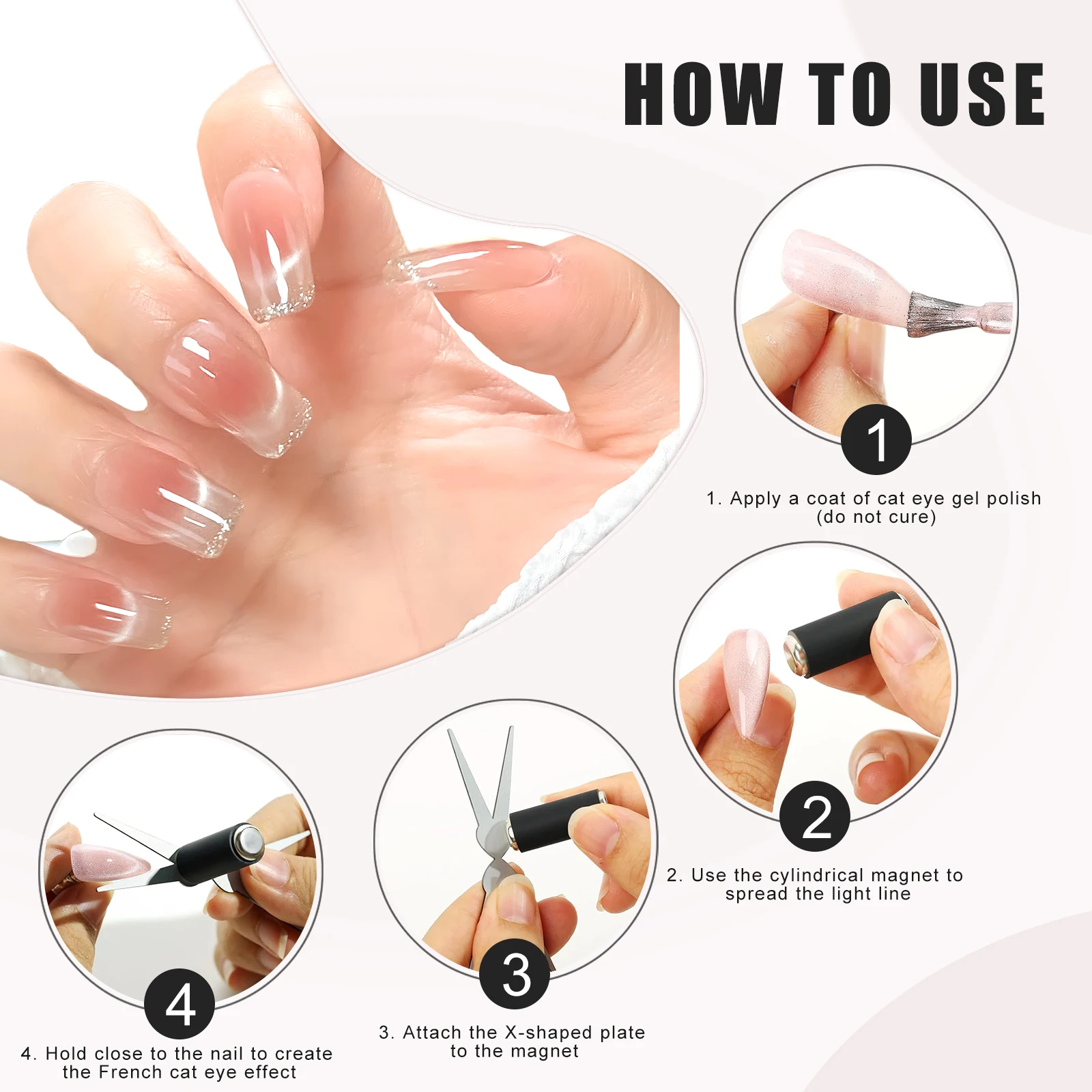 แม่เหล็กตาแมวสองหัว & ชุดแม่เหล็กทรงกระบอกแรงสูง อุปกรณ์เสริมแม่เหล็กสำหรับทำเล็บ 3 มิติ สไตล์ฝรั่งเศส ด้วยแท่งแม่เหล็กยูวี
