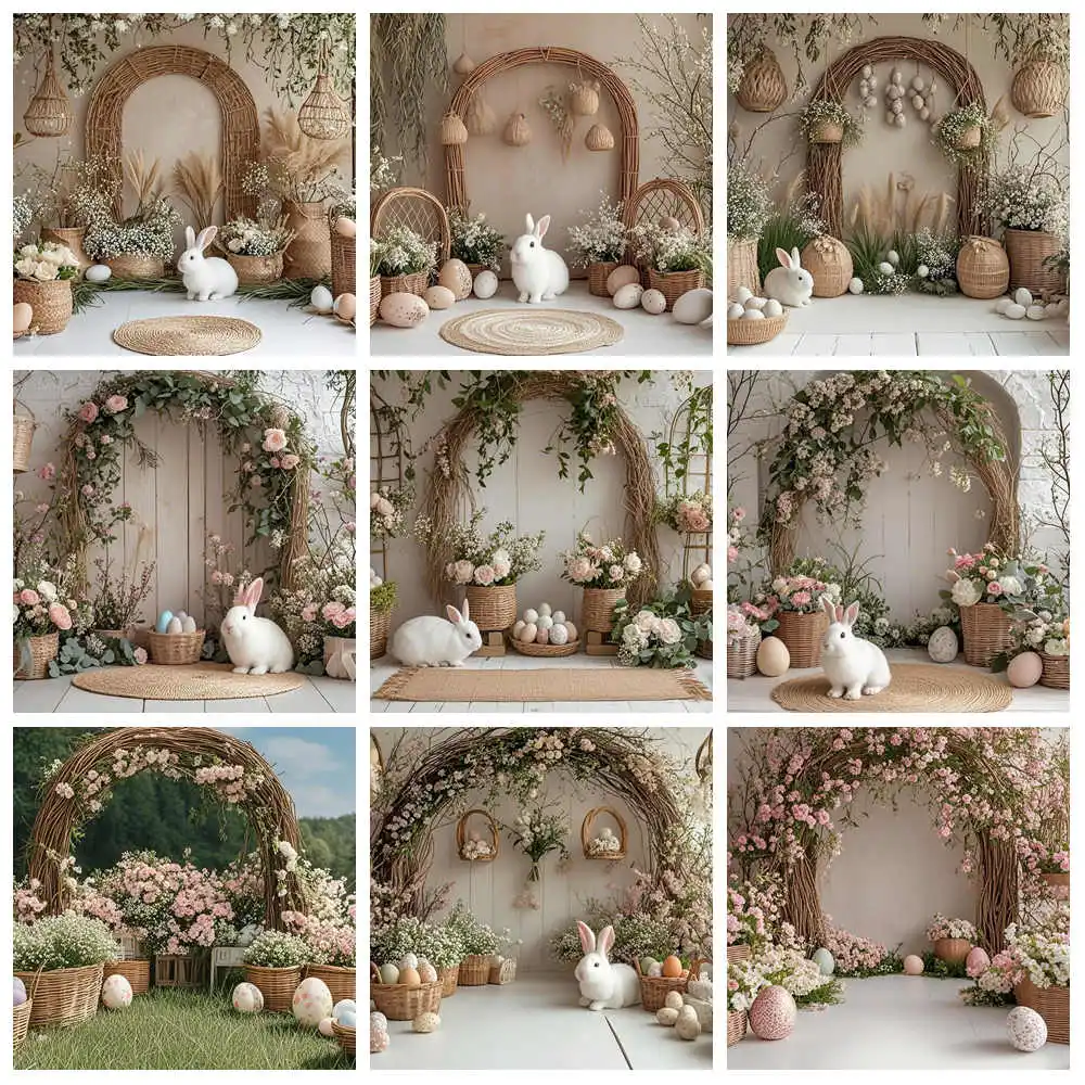 

Photography Background Spring Easter Boho Flower Arch Door Eggs Kid Birthday Party Portrait Decor Backdrop Photo Studio Props