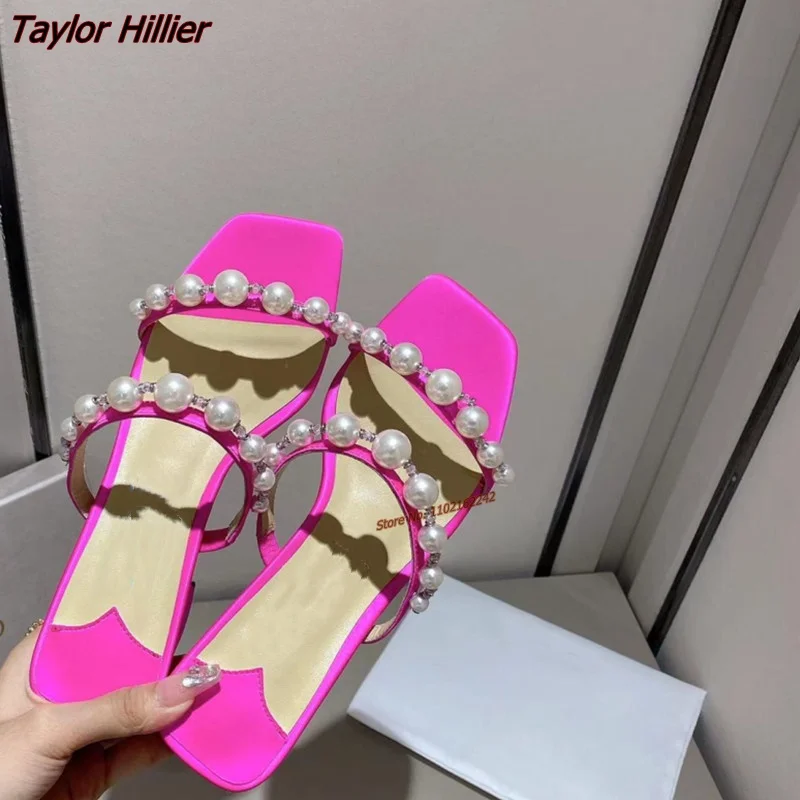 Square Toe Pearl Sandals Summer Open-Toed Mid-Heel Chain All-Match Outerwear Comfortable And Elegant Half-Slippers For Women