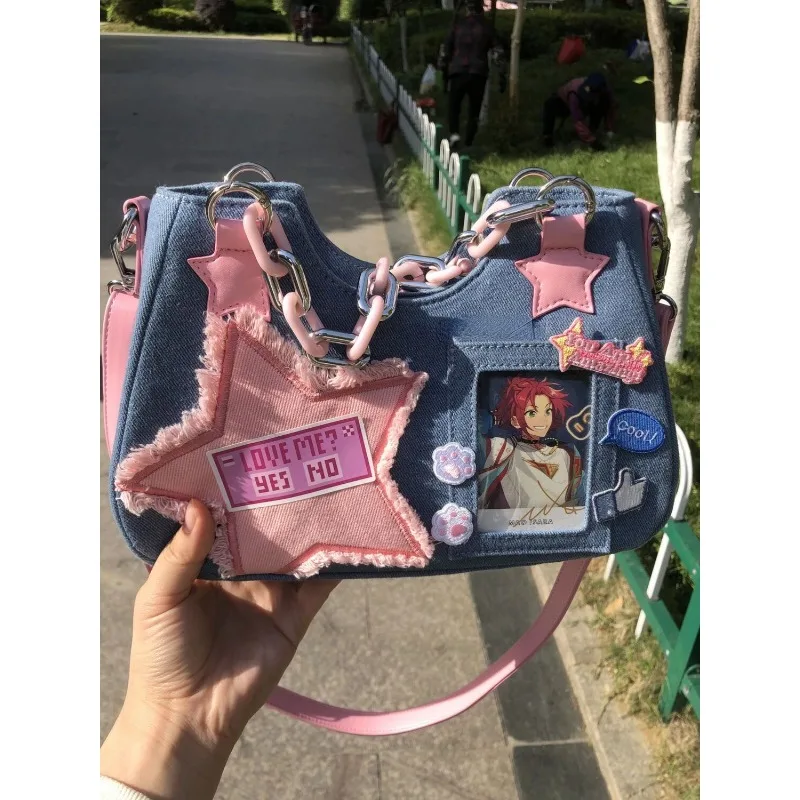 Różowa torebka damska Y2k Star Chain Bag New Fashion Cool Dark Harajuku dżinsowa torba Tote babki bagietki bagietki