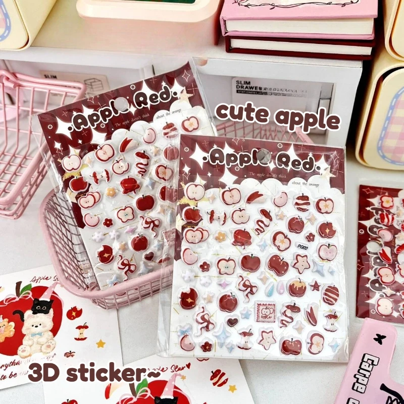 

Cute Cartoon Mini Apple 3D Relief Stickers Fun Children's Puffy Decals for Stationery & Phone Cases CCD Scrapbook Journal Decor
