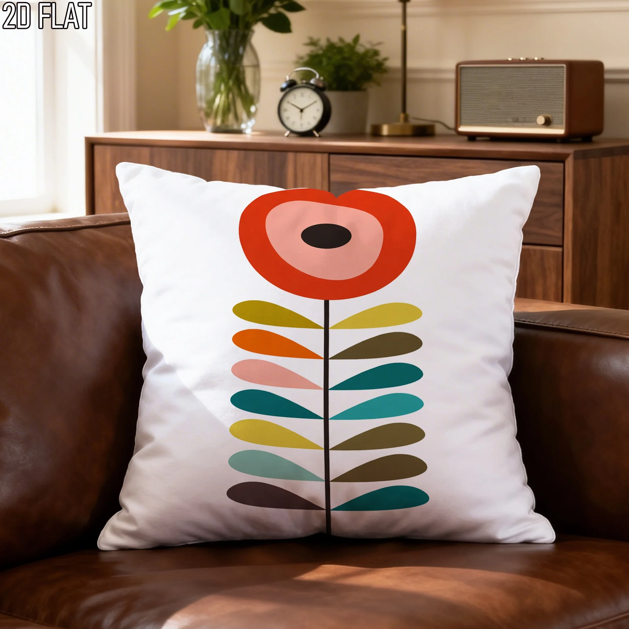 Mid-Century Modern Flower Pillow Cover Retro Abstract Design White Background 16x16 Inch Square Decor