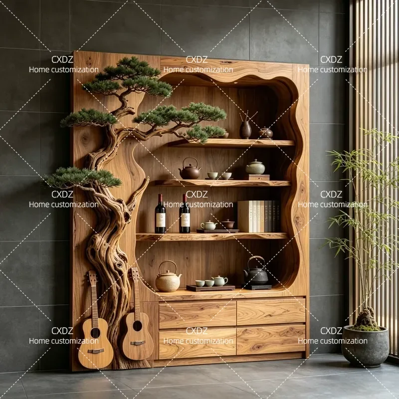 Medieval Style Solid Wood Wine Cabinet Living Room Log Display Shelf Wabi Sabi Storage Unit Hotel Showcase Furniture