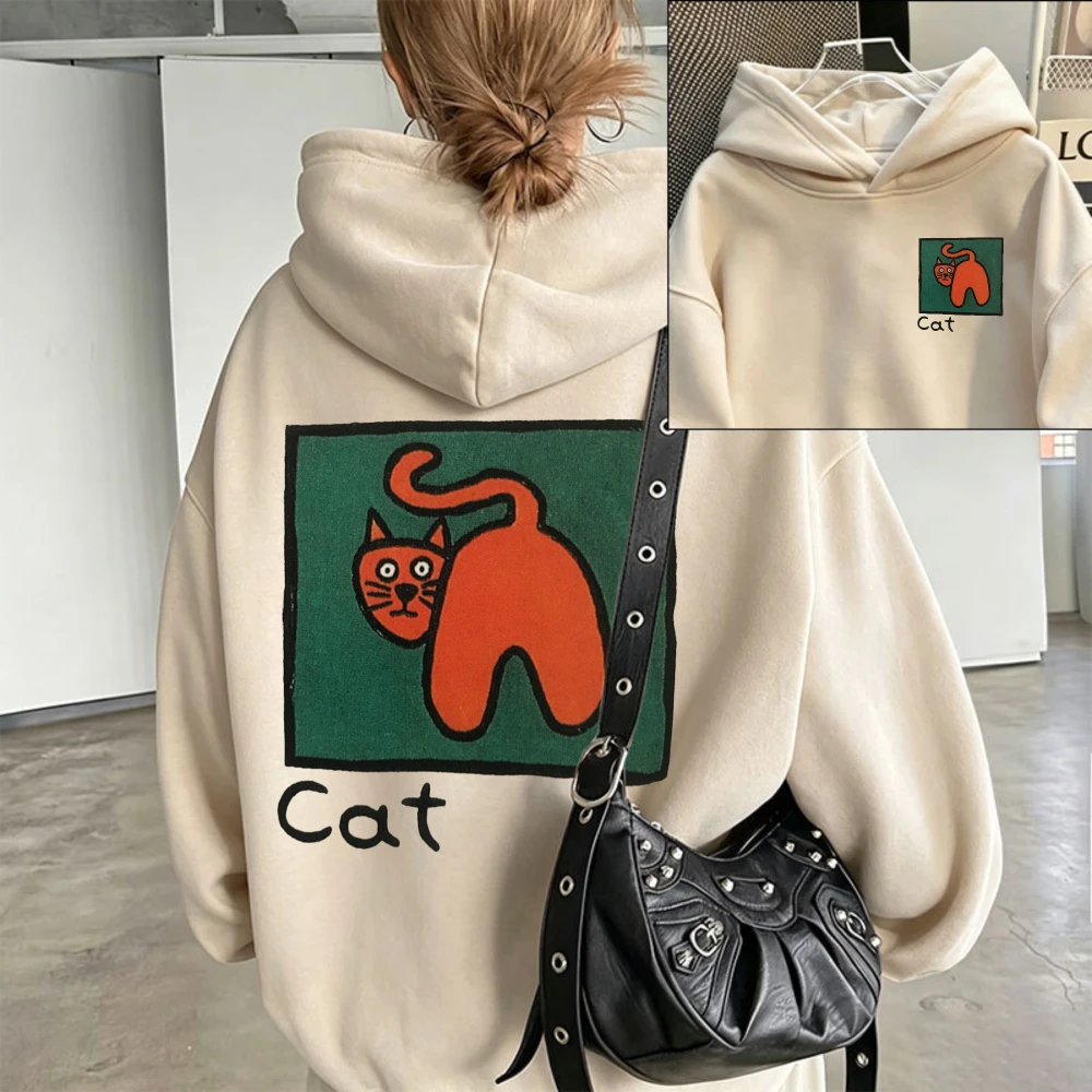 Women Abstract Orange Cartoon Cat Letter Cat Funny Print Hoodie Oversized Casual Pullover Hooded Sweatshirt Cute Cat Graphic Top